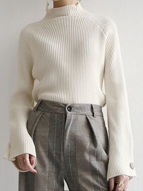 Commense Cream Ribbed Mock Neck Sweater